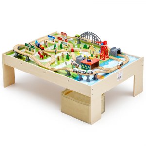 Togbord, 120 flerfargede brikker i tre for barn med sammenleggbar oppbevaringsboks, 3-i-1 togsett i tre for spilling, tegning, lesing, spising, kreativt lekesett for barn fra 3 år
