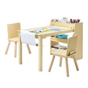 Kunstbord og stolsett for barn, Håndverksbord for småbarn med oppbevaringsskap i 3 etasjer, Aktivitetsbord i tre med to stoler for barn, Håndverksbord for lesing, læring, tegning, skriving, lyst tre