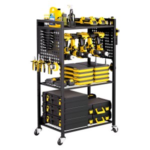 4-lags verktøyvogn, 68 kg lastekapasitet, gulvstativ rullende borholder og stabil oppbevaringsstativ, kraftig garasjegulv rullende oppbevaringsvogn for verksted, garasje, svart