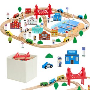 113 deler tretogsett, for barn i alderen 3-8 år, tretogsporleke med oppbevaringsboks, byscene-jernbanelekesett, kompatibel med store merker, julebursdagsleke for småbarn gutter og jenter