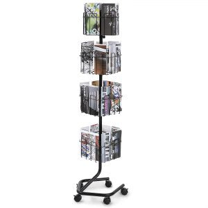Brosjyrestativ, 4-etasjers 32 lommer roterende magasin- og litteraturutstillingsstativ for postkort, 360° roterende gratulasjonskortstativ med 5 hjul (2 låsbare) for butikk, utstillingskontor