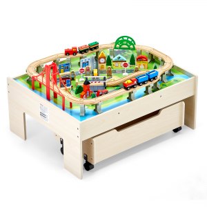 Togbord, 100 flerfargede brikker i tre for barn med rullende oppbevaringsskuff, 3-i-1 togsett i tre for spilling, tegning, lesing, spising, kreativt lekesett for barn fra 3 år