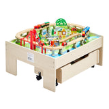 Togbord, 100 flerfargede brikker i tre for barn med rullende oppbevaringsskuff, 3-i-1 togsett i tre for spilling, tegning, lesing, spising, kreativt lekesett for barn fra 3 år