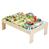 Togbord, 120 flerfargede brikker i tre for barn med sammenleggbar oppbevaringsboks, 3-i-1 togsett i tre for spilling, tegning, lesing, spising, kreativt lekesett for barn fra 3 år