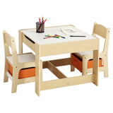 Barnebord og 2 stoler, Småbarnsbord og stolsett med oppbevaringsplass under bordet, Tøyoppbevaringsboks under stolene, Trepult for kunst, håndverk, lesing, læring, tegning, Burlywood