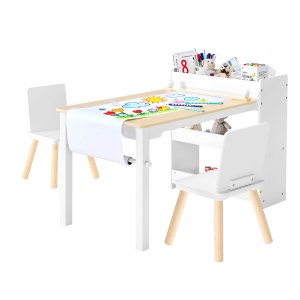 Kunstbord og stolsett for barn, hobbybord for småbarn med oppbevaringsskap i 3 etasjer, aktivitetsbord i tre for barn med 2 stoler, kunst- og håndverksbord for lesing, læring, tegning, skriving, hvit