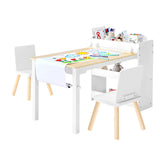 Kunstbord og stolsett for barn, hobbybord for småbarn med oppbevaringsskap i 3 etasjer, aktivitetsbord i tre for barn med 2 stoler, kunst- og håndverksbord for lesing, læring, tegning, skriving, hvit
