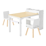 Kunstbord og stolsett for barn, hobbybord for småbarn med oppbevaringsskap i 3 etasjer, aktivitetsbord i tre for barn med 2 stoler, kunst- og håndverksbord for lesing, læring, tegning, skriving, hvit