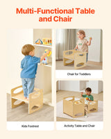 Montessori avvenningsbord og stolsett, trebord og stolsett for småbarn i alderen 1-5 år, justerbar høyde for barn Montessoristol og aktivitetsbord, ideell for lesing, spising, lek - naturlig
