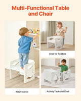 Montessori avvenningsbord og stolsett, trebord og stolsett for småbarn i alderen 1-5 år, justerbar høyde for barn Montessoristol og aktivitetsbord, ideell for lesing, spising, lek - hvit