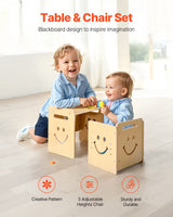 Montessori avvenningsbord og stolsett, 3-i-1 trebord og stoler for småbarn med tavle, justerbar høyde Montessoribord for alderen 1-5, ideell for tegning, lesing, spising - naturlig