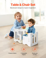 Montessori avvenningsbord og stolsett, 3-i-1 trebord og stoler for småbarn med tavle, justerbar høyde Montessoribord for alderen 1-5, ideell for tegning, lesing, spising - hvit