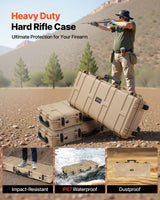 Hard riflekoffert, låsbar riflekoffert med 4 lag forhåndskuttet skum, 97,8 cm våpenoppbevaring med hjul, IP67 vanntette og støvtette pistoloppbevaringsvesker for rifler, hagler, airsoftvåpen, khaki