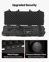 Hard riflekoffert, låsbar riflekoffert med forhåndskuttet skum, 108,9 cm våpenoppbevaring med hjul, IP67 vanntett og støvtett flyttbar stor pistoloppbevaring for rifler, hagler, airsoftvåpen, svart