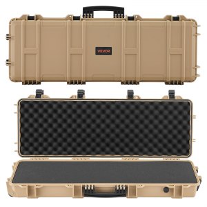 Hard riflekoffert, låsbar riflekoffert med forhåndskuttet skum, 108,9 cm våpenoppbevaring med hjul, IP67 vanntett og støvtett flyttbar stor pistoloppbevaring for rifler, hagler, airsoftvåpen, khaki