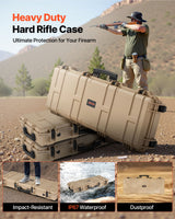 Hard riflekoffert, låsbar riflekoffert med forhåndskuttet skum, 108,9 cm våpenoppbevaring med hjul, IP67 vanntett og støvtett flyttbar stor pistoloppbevaring for rifler, hagler, airsoftvåpen, khaki