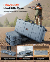 Hard riflekoffert, låsbar riflekoffert med forhåndskuttet skum, 109 cm flyttbar våpenoppbevaring med hjul, IP67 vanntett og støvtett pistoloppbevaring for rifle, hagle, airsoftvåpen, grå