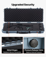 Hard riflekoffert, låsbar riflekoffert med forhåndskuttet skum, 109 cm flyttbar våpenoppbevaring med hjul, IP67 vanntett og støvtett pistoloppbevaring for rifle, hagle, airsoftvåpen, grå