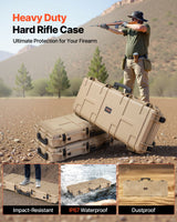 Hard riflekoffert, låsbar riflekoffert med forhåndskuttet skum, 109 cm flyttbar våpenoppbevaring med hjul, IP67 vanntett og støvtett pistoloppbevaring for rifle, hagle, airsoftvåpen, khaki