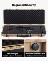 Hard riflekoffert, låsbar riflekoffert med forhåndskuttet skum, 109 cm flyttbar våpenoppbevaring med hjul, IP67 vanntett og støvtett pistoloppbevaring for rifle, hagle, airsoftvåpen, khaki