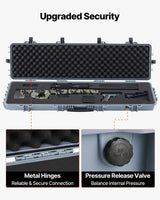 Hard riflekoffert, låsbar riflekoffert med forhåndskuttet skum, 138 cm flyttbar våpenoppbevaring med hjul, IP67 vanntett og støvtett pistoloppbevaring for rifle, hagle, airsoftvåpen, grå