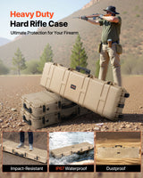 Hard riflekoffert, låsbar riflekoffert med forhåndskuttet skum, 138 cm flyttbar våpenoppbevaring med hjul, IP67 vanntett og støvtett pistoloppbevaring for rifle, hagle, airsoftvåpen, khaki