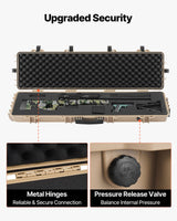 Hard riflekoffert, låsbar riflekoffert med forhåndskuttet skum, 138 cm flyttbar våpenoppbevaring med hjul, IP67 vanntett og støvtett pistoloppbevaring for rifle, hagle, airsoftvåpen, khaki