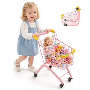 Handlekurv for barn, solid stålramme, dagligvarebutikk-latexlek med hjul, tett nettingkurv, lekehandlevogn, sammenleggbar design, vippbar bakside, for barn og småbarn fra 3 år