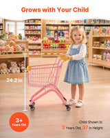 Handlekurv for barn, solid stålramme, dagligvarebutikk-latexlek med hjul, tett nettingkurv, lekehandlevogn, sammenleggbar design, vippbar bakside, for barn og småbarn fra 3 år