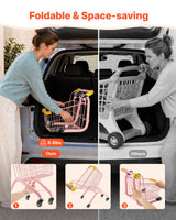 Handlekurv for barn, solid stålramme, dagligvarebutikk-latexlek med hjul, tett nettingkurv, lekehandlevogn, sammenleggbar design, vippbar bakside, for barn og småbarn fra 3 år