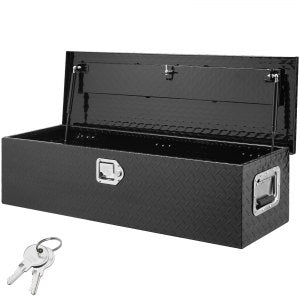 Heavy Duty verktøykasse for lastebilseng i aluminium, verktøykasse med diamantplater med sidehåndtak og låsetøkler, verktøykasse for oppbevaring, organisering for pickup, lastebilseng, bobil, tilhenger, 39"x13"x10", svart
