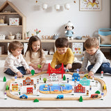 113 deler tretogsett, for barn i alderen 3-8 år, tretogsporleke med oppbevaringsboks, byscene-jernbanelekesett, kompatibel med store merker, julebursdagsleke for småbarn gutter og jenter