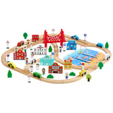 113 deler tretogsett, for barn i alderen 3-8 år, tretogsporleke med oppbevaringsboks, byscene-jernbanelekesett, kompatibel med store merker, julebursdagsleke for småbarn gutter og jenter