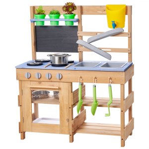 Mud Kitchen, Utendørs Mud Kitchen for barn, Utendørs Lekekjøkken i Tre med Komfyrer, Kroker, Vasker, Plantespad, Spatler, Håndtak, Kjøkkenutstyr, Potter og Tilbehør, Lek med Vann og Sand