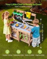 Mud Kitchen, Utendørs Mud Kitchen for barn, Utendørs Lekekjøkken i Tre med Komfyrer, Kroker, Vasker, Plantespad, Spatler, Håndtak, Kjøkkenutstyr, Potter og Tilbehør, Lek med Vann og Sand
