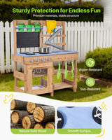 Mud Kitchen, Utendørs Mud Kitchen for barn, Utendørs Lekekjøkken i Tre med Komfyrer, Kroker, Vasker, Plantespad, Spatler, Håndtak, Kjøkkenutstyr, Potter og Tilbehør, Lek med Vann og Sand