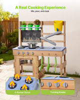 Mud Kitchen, Utendørs Mud Kitchen for barn, Utendørs Lekekjøkken i Tre med Komfyrer, Kroker, Vasker, Plantespad, Spatler, Håndtak, Kjøkkenutstyr, Potter og Tilbehør, Lek med Vann og Sand