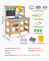 Mud Kitchen, Utendørs Mud Kitchen for barn, Utendørs Lekekjøkken i Tre med Komfyrer, Kroker, Vasker, Plantespad, Spatler, Håndtak, Kjøkkenutstyr, Potter og Tilbehør, Lek med Vann og Sand