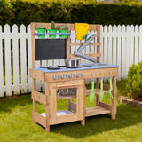 Mud Kitchen, Utendørs Mud Kitchen for barn, Utendørs Lekekjøkken i Tre med Komfyrer, Kroker, Vasker, Plantespad, Spatler, Håndtak, Kjøkkenutstyr, Potter og Tilbehør, Lek med Vann og Sand