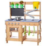 Mud Kitchen, Utendørs Mud Kitchen for barn, Utendørs Lekekjøkken i Tre med Komfyrer, Kroker, Vasker, Plantespad, Spatler, Håndtak, Kjøkkenutstyr, Potter og Tilbehør, Lek med Vann og Sand