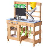 Mud Kitchen, Utendørs Mud Kitchen for barn, Utendørs Lekekjøkken i Tre med Komfyrer, Kroker, Vasker, Plantespad, Spatler, Håndtak, Kjøkkenutstyr, Potter og Tilbehør, Lek med Vann og Sand