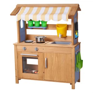 Mud Kitchen, Utendørs Mud Kitchen for Barn, Utendørs Lekekjøkken i Tre med Skjeer, Vask, Tank, Solskjerming, Spader, Kjøkkenutstyr, Gryter og Tilbehør, Lekekjøkken i Tre for Hjemmet, Plen