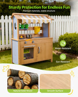 Mud Kitchen, Utendørs Mud Kitchen for Barn, Utendørs Lekekjøkken i Tre med Skjeer, Vask, Tank, Solskjerming, Spader, Kjøkkenutstyr, Gryter og Tilbehør, Lekekjøkken i Tre for Hjemmet, Plen