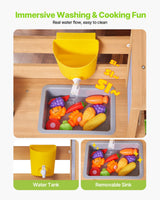 Mud Kitchen, Utendørs Mud Kitchen for Barn, Utendørs Lekekjøkken i Tre med Skjeer, Vask, Tank, Solskjerming, Spader, Kjøkkenutstyr, Gryter og Tilbehør, Lekekjøkken i Tre for Hjemmet, Plen