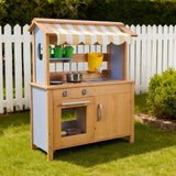 Mud Kitchen, Utendørs Mud Kitchen for Barn, Utendørs Lekekjøkken i Tre med Skjeer, Vask, Tank, Solskjerming, Spader, Kjøkkenutstyr, Gryter og Tilbehør, Lekekjøkken i Tre for Hjemmet, Plen