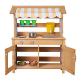 Mud Kitchen, Utendørs Mud Kitchen for Barn, Utendørs Lekekjøkken i Tre med Skjeer, Vask, Tank, Solskjerming, Spader, Kjøkkenutstyr, Gryter og Tilbehør, Lekekjøkken i Tre for Hjemmet, Plen
