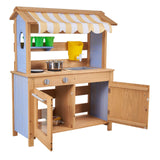 Mud Kitchen, Utendørs Mud Kitchen for Barn, Utendørs Lekekjøkken i Tre med Skjeer, Vask, Tank, Solskjerming, Spader, Kjøkkenutstyr, Gryter og Tilbehør, Lekekjøkken i Tre for Hjemmet, Plen