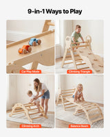 Pikler trekantsett, 9-i-1 klatreleker for småbarn innendørs, med 2 trebiler, pute, trekant, bue og rampe, 68 kg belastning, sammenleggbart Montessori klatresett for småbarn og barn, trefarge
