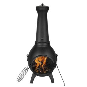 Chiminea, 45,72 cm utendørs vedfyrt bålplass, sfærisk peis for grilling og oppvarming, utendørs bålplass i tre med grillnett, skorsteinsbelegg og rustbestandig skorsteinslokk, for terrasse, hage, bakgård