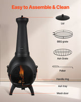 Chiminea, 45,72 cm utendørs vedfyrt bålplass, sfærisk peis for grilling og oppvarming, utendørs bålplass i tre med grillnett, skorsteinsbelegg og rustbestandig skorsteinslokk, for terrasse, hage, bakgård
